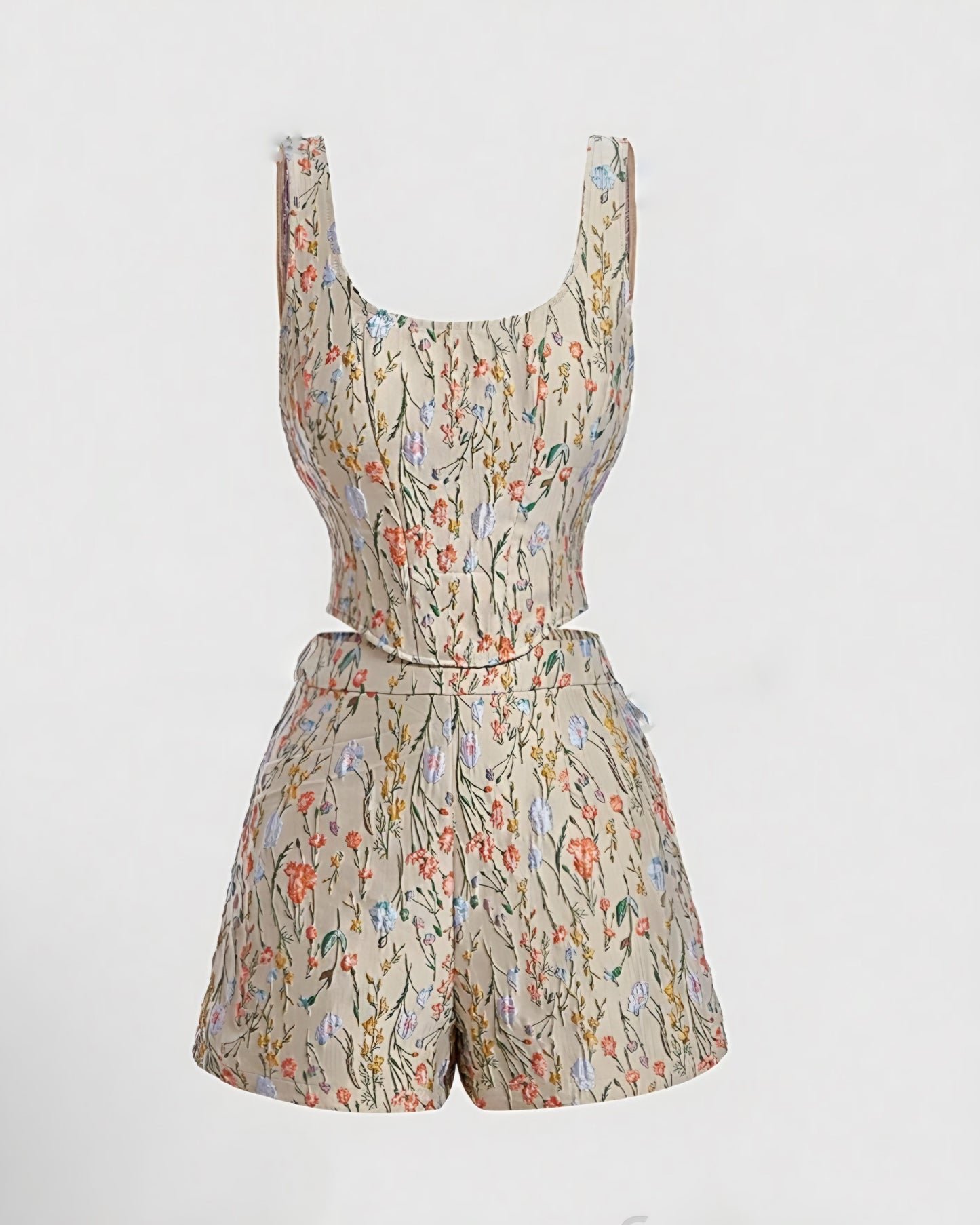 Floral jacquard tank top corset top and shorts set