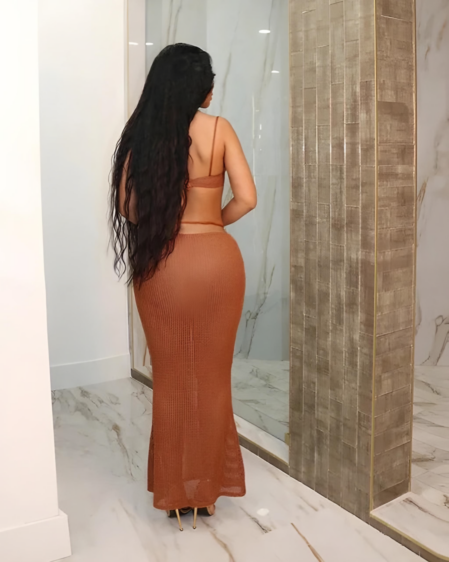 Sexy backless crop top and fish tail see-through skirt set