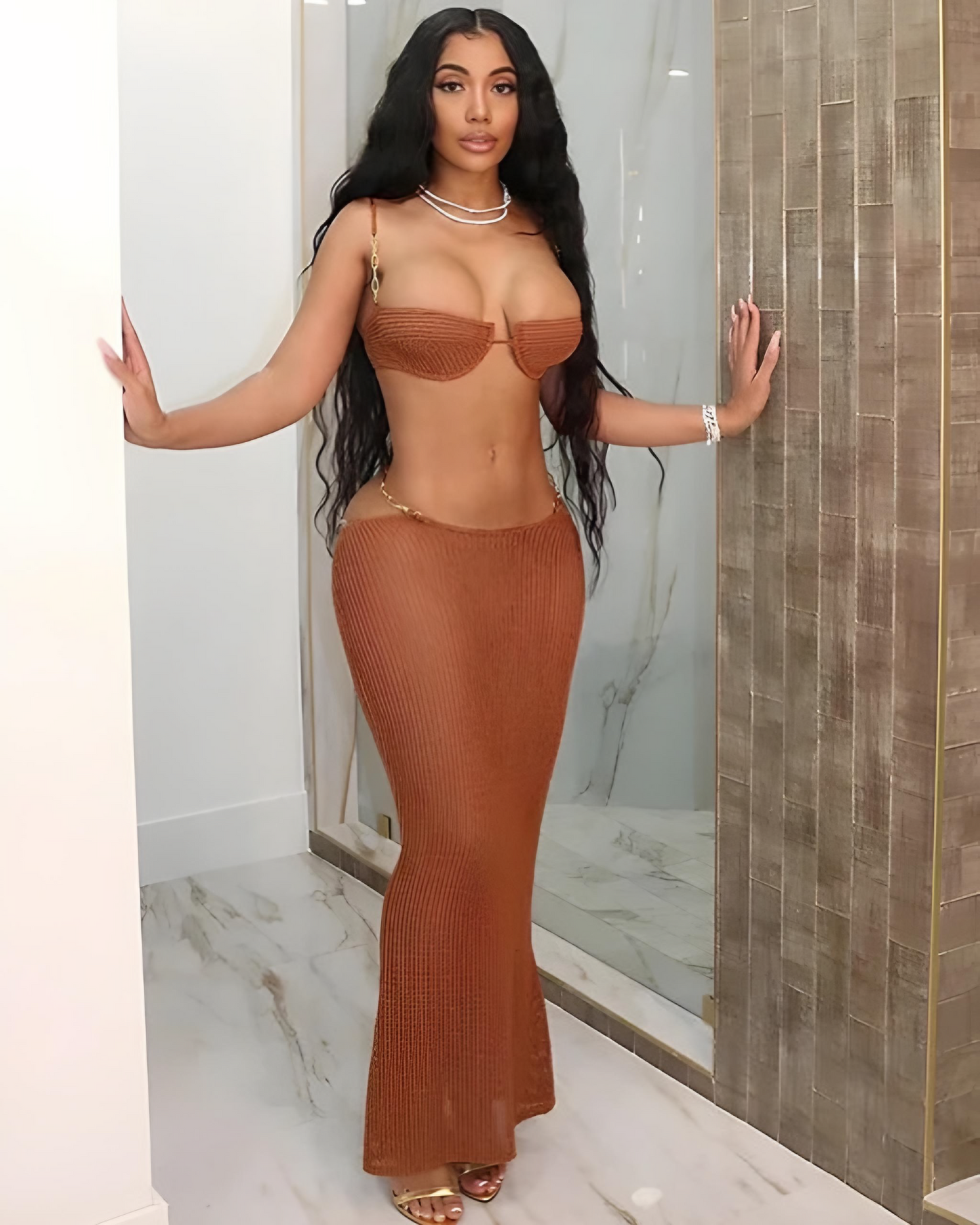 Sexy backless crop top and fish tail see-through skirt set