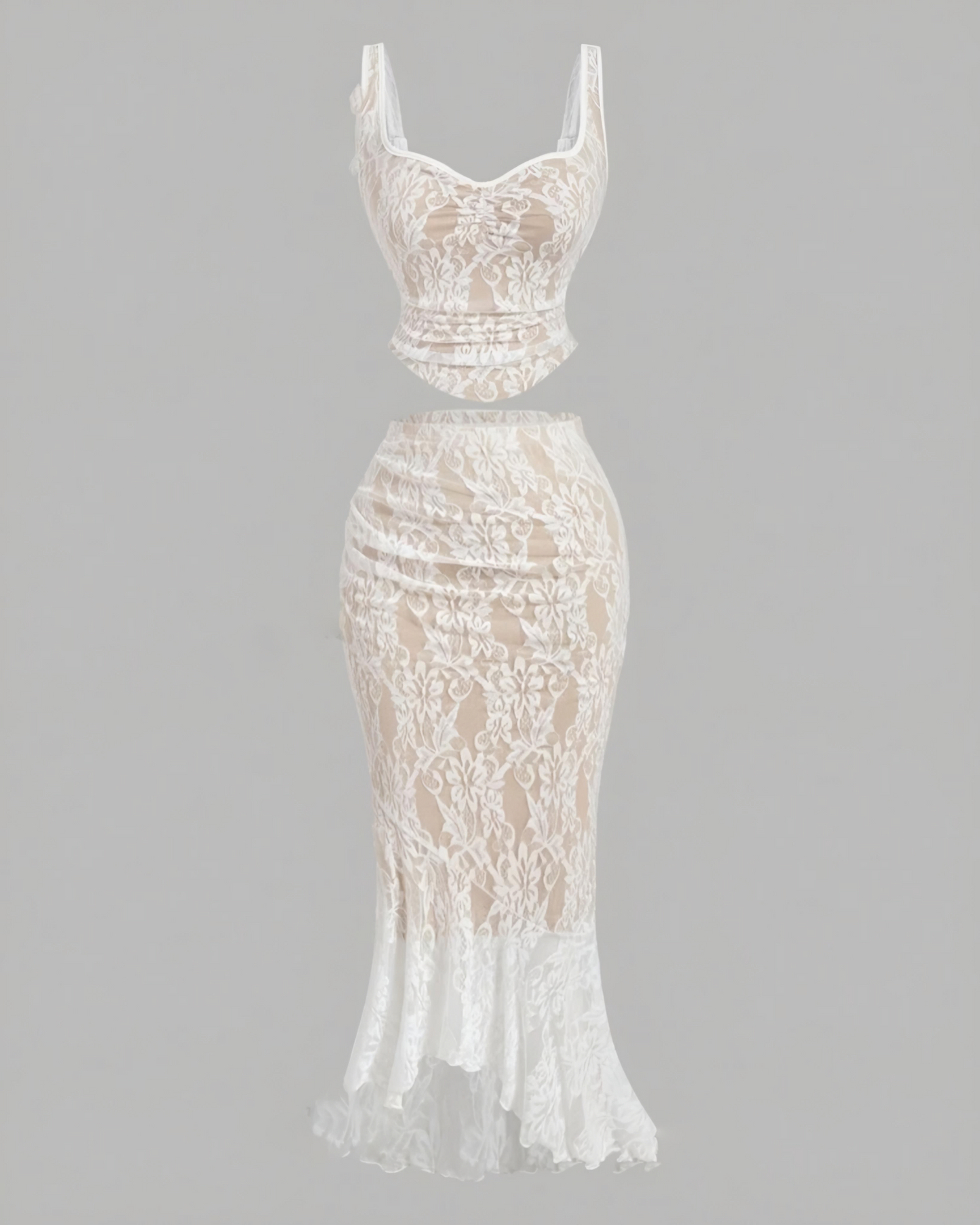 White lace vest fishtail skirt two-piece set