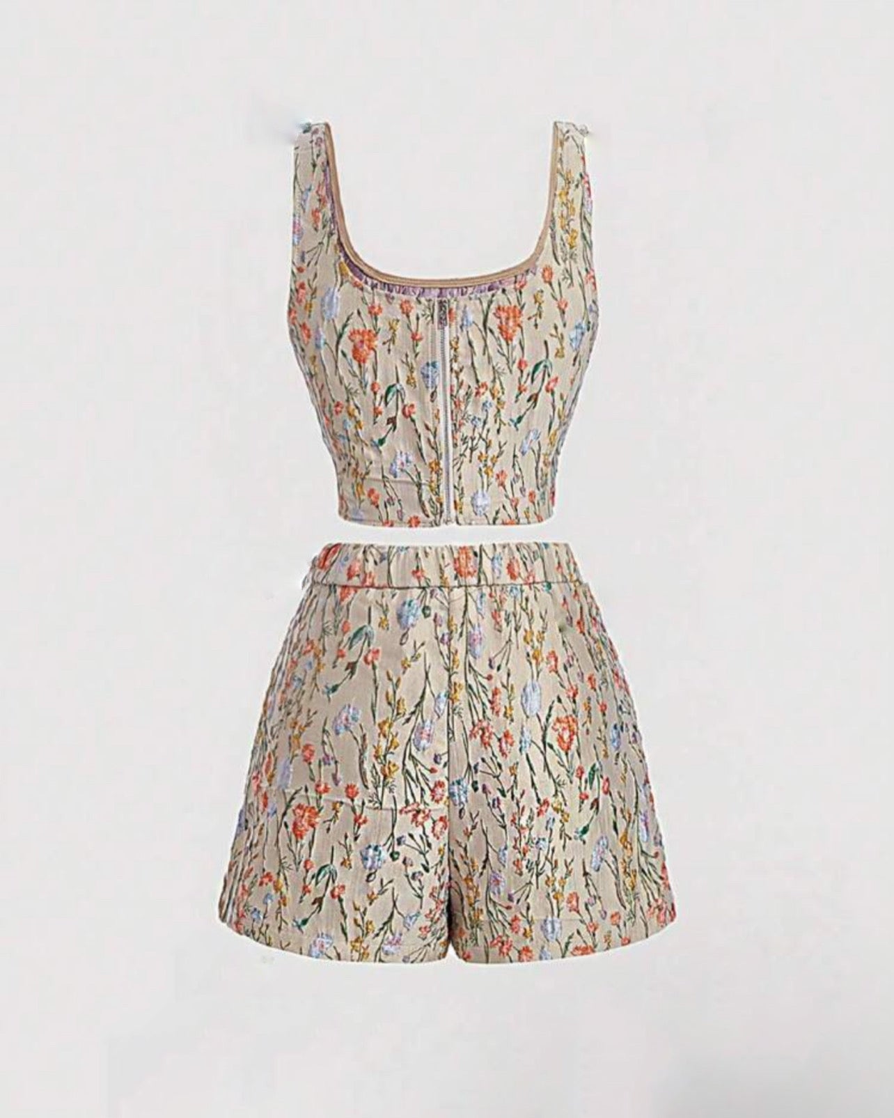 Floral jacquard tank top corset top and shorts set