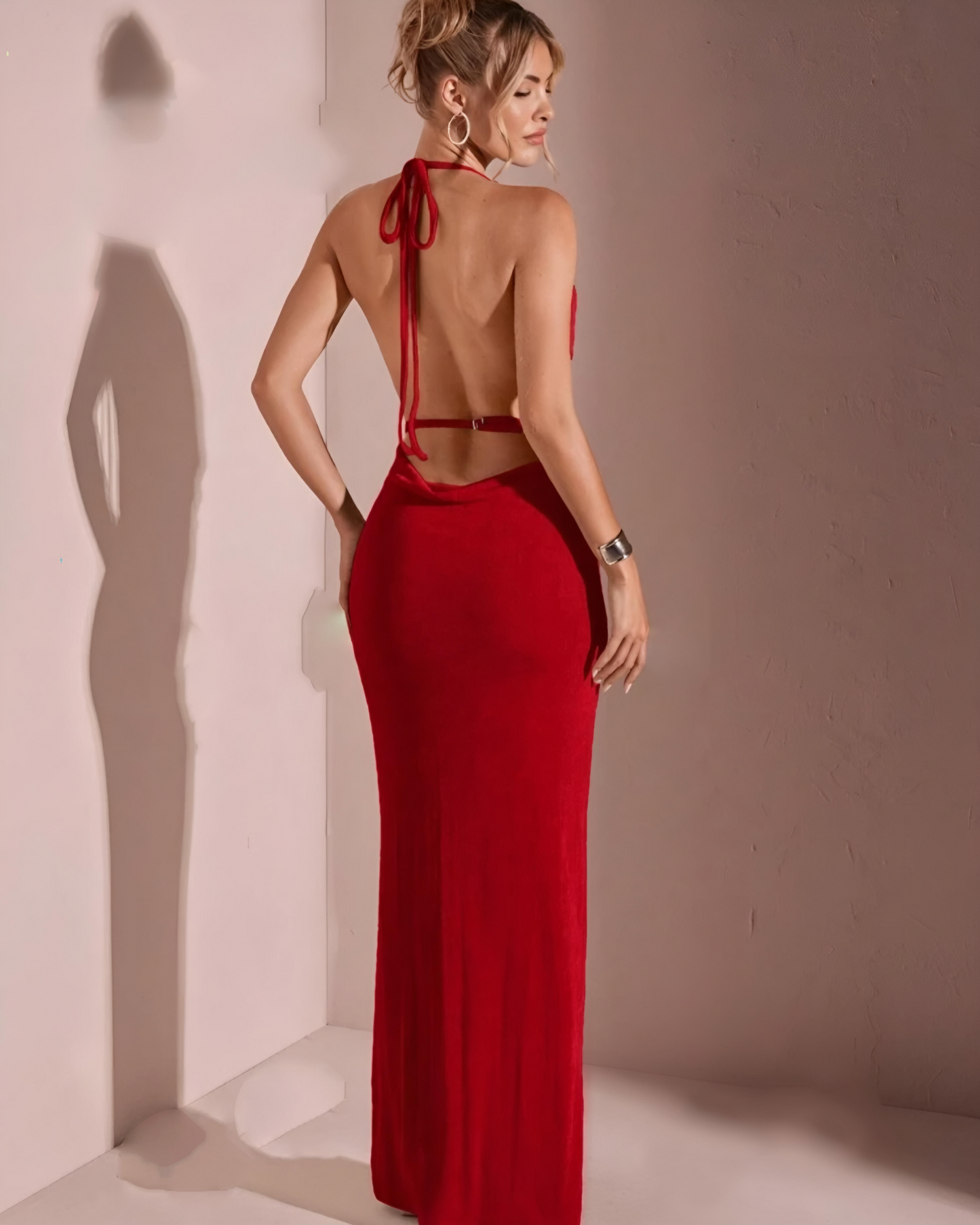 Draped front backless maxi halter dress