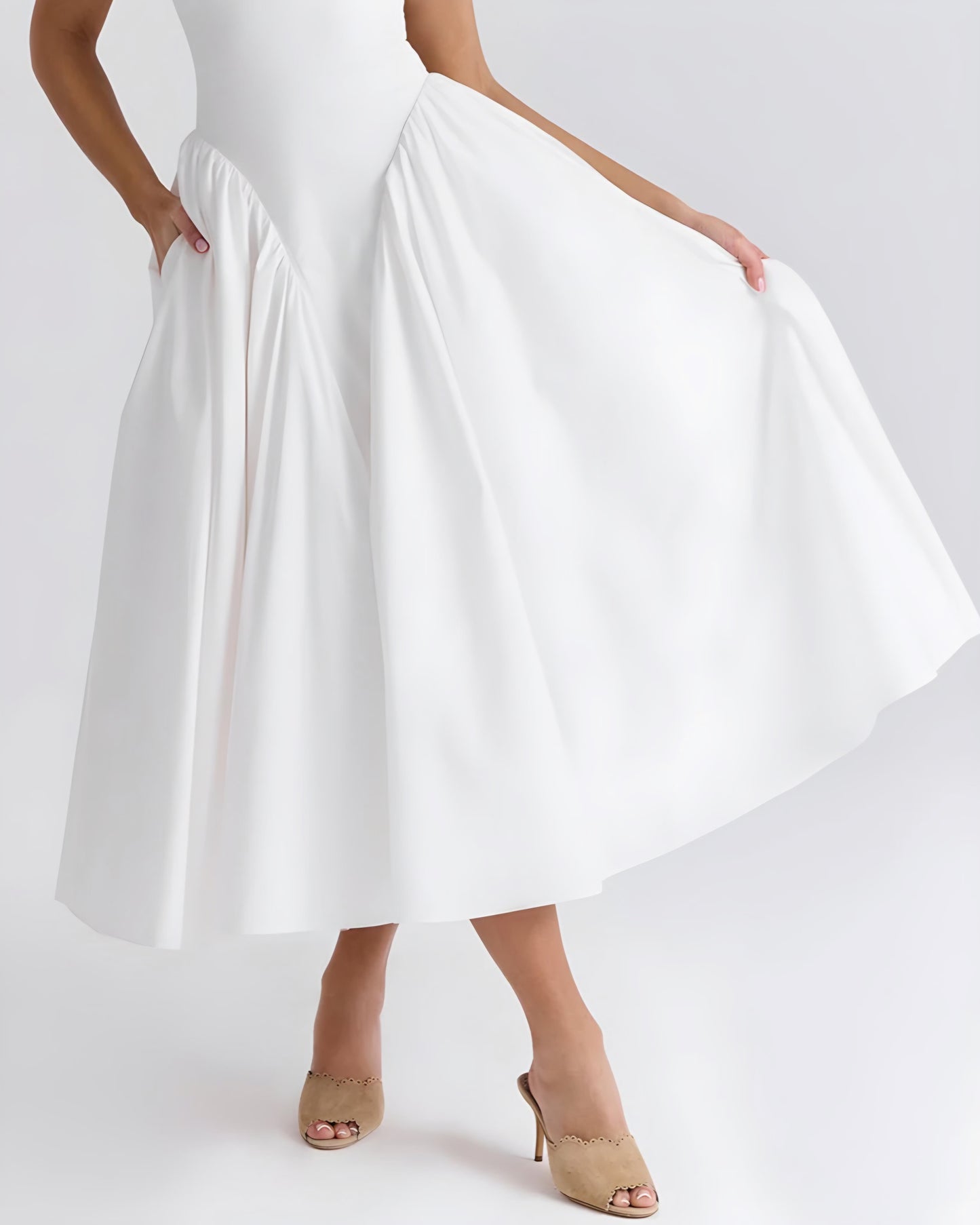 White baroque waistline pleated swing tank dress