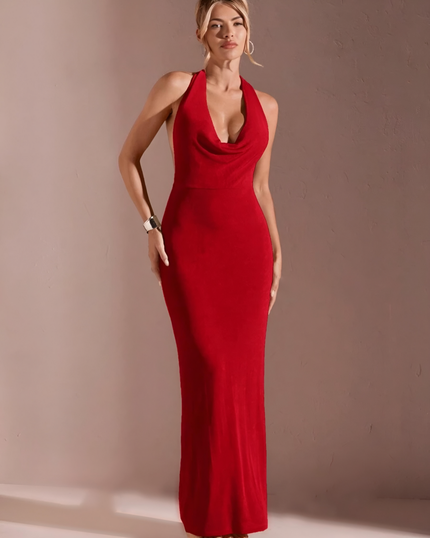 Draped front backless maxi halter dress