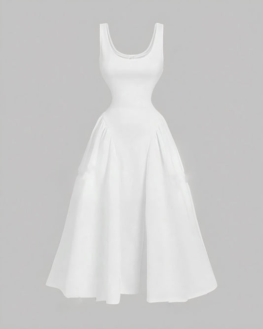 White baroque waistline pleated swing tank dress